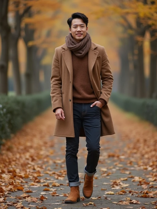 model in if(gender=f){brown leather boots, tan sweater, and chocolate accessories} if(gender=m){brown boots, camel coat, and mocha scarf}, layered earth tones, sophisticated autumn style