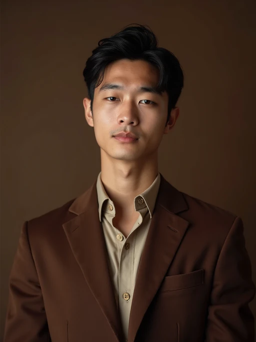 model wearing if(gender=f){mocha brown knit set with gold jewelry} if(gender=m){chocolate brown blazer over beige shirt}, cozy luxury aesthetic, rich brown textures, warm studio lighting