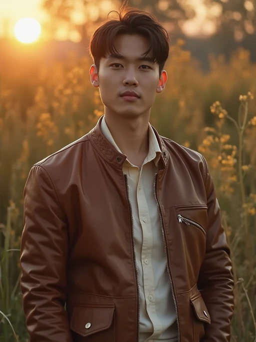 model in if(gender=f){flowing caramel midi dress with brown leather accessories} if(gender=m){brown leather jacket over cream shirt}, autumn-inspired palette, elegant earth tones, golden hour lighting