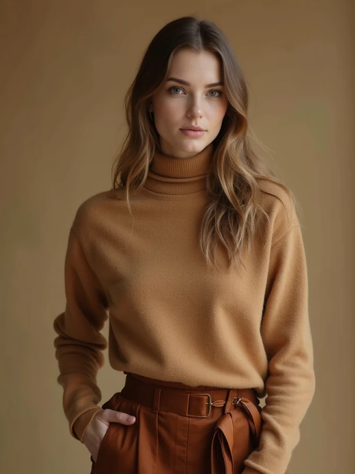 model in if(gender=f){caramel cashmere sweater with brown silk skirt} if(gender=m){brown cashmere sweater with tan trousers}, premium materials, rich earth tone palette, elegant composition