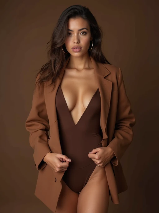 model wearing if(gender=f){chocolate brown bodysuit with caramel blazer} if(gender=m){mocha turtleneck with brown leather jacket}, monochromatic brown styling, luxurious textures, professional lighting