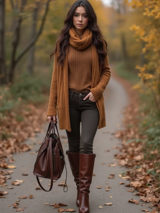 model in if(gender=f){brown leather boots, tan sweater, and chocolate accessories} if(gender=m){brown boots, camel coat, and mocha scarf}, layered earth tones, sophisticated autumn style
