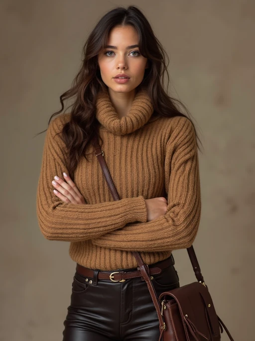 model in if(gender=f){brown leather boots, tan sweater, and chocolate accessories} if(gender=m){brown boots, camel coat, and mocha scarf}, layered earth tones, sophisticated autumn style