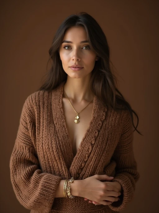 model wearing if(gender=f){mocha brown knit set with gold jewelry} if(gender=m){chocolate brown blazer over beige shirt}, cozy luxury aesthetic, rich brown textures, warm studio lighting