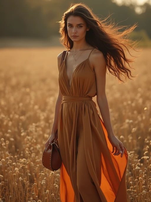 model in if(gender=f){flowing caramel midi dress with brown leather accessories} if(gender=m){brown leather jacket over cream shirt}, autumn-inspired palette, elegant earth tones, golden hour lighting