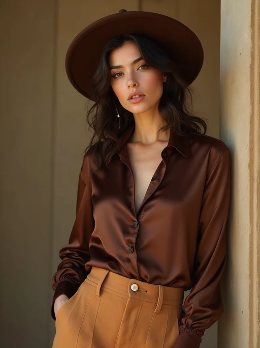 model wearing if(gender=f){chocolate brown silk blouse and caramel trousers} if(gender=m){mocha brown sweater and tan chinos}, luxurious textures, rich earth tones, sophisticated styling, warm natural lighting