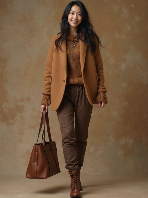 model in if(gender=f){brown leather boots, tan sweater, and chocolate accessories} if(gender=m){brown boots, camel coat, and mocha scarf}, layered earth tones, sophisticated autumn style