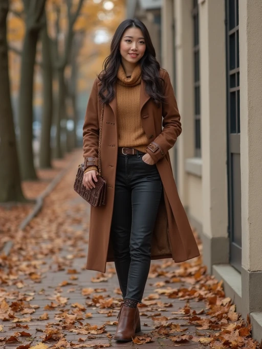 model in if(gender=f){brown leather boots, tan sweater, and chocolate accessories} if(gender=m){brown boots, camel coat, and mocha scarf}, layered earth tones, sophisticated autumn style
