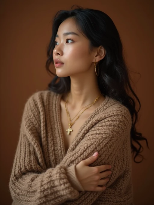 model wearing if(gender=f){mocha brown knit set with gold jewelry} if(gender=m){chocolate brown blazer over beige shirt}, cozy luxury aesthetic, rich brown textures, warm studio lighting