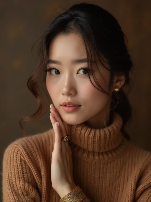 model wearing if(gender=f){mocha brown knit set with gold jewelry} if(gender=m){chocolate brown blazer over beige shirt}, cozy luxury aesthetic, rich brown textures, warm studio lighting