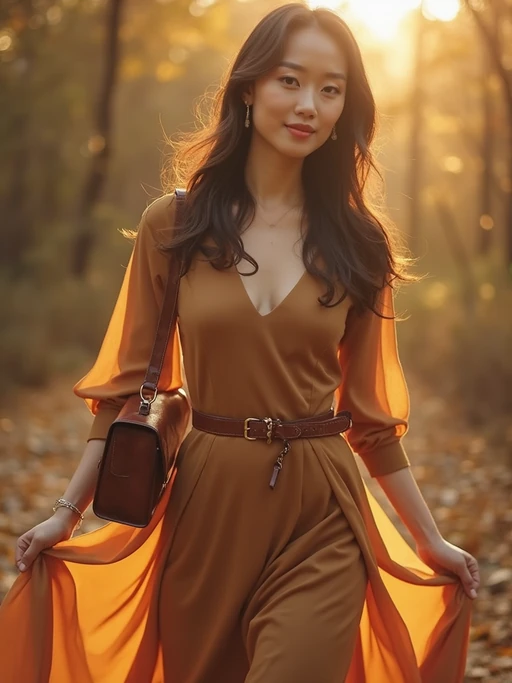 model in if(gender=f){flowing caramel midi dress with brown leather accessories} if(gender=m){brown leather jacket over cream shirt}, autumn-inspired palette, elegant earth tones, golden hour lighting