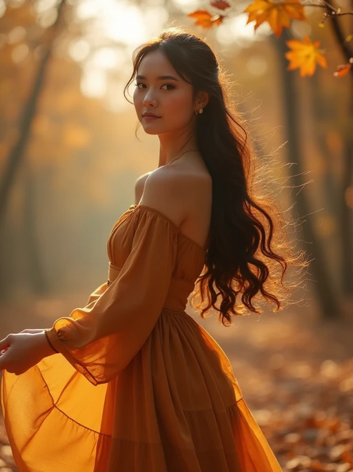 model in if(gender=f){flowing caramel midi dress with brown leather accessories} if(gender=m){brown leather jacket over cream shirt}, autumn-inspired palette, elegant earth tones, golden hour lighting