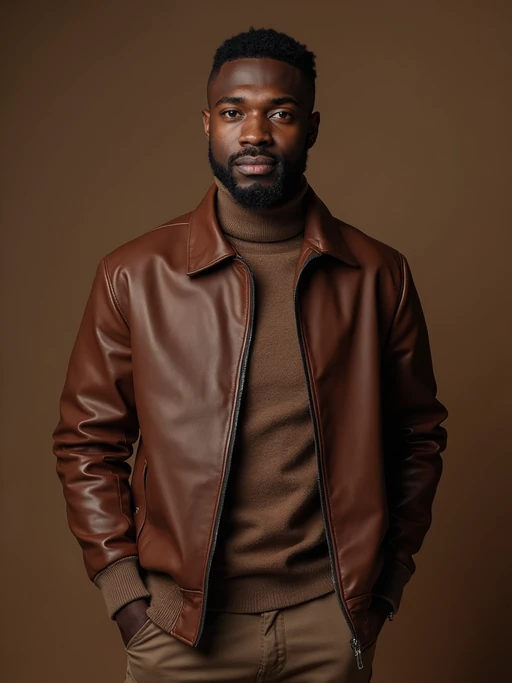 model wearing if(gender=f){chocolate brown bodysuit with caramel blazer} if(gender=m){mocha turtleneck with brown leather jacket}, monochromatic brown styling, luxurious textures, professional lighting