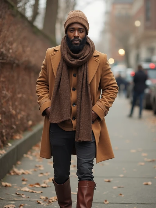 model in if(gender=f){brown leather boots, tan sweater, and chocolate accessories} if(gender=m){brown boots, camel coat, and mocha scarf}, layered earth tones, sophisticated autumn style
