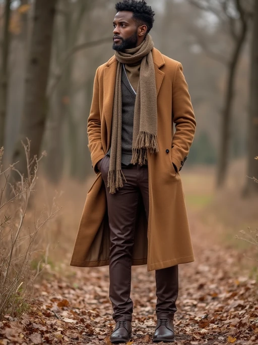 model in if(gender=f){brown leather boots, tan sweater, and chocolate accessories} if(gender=m){brown boots, camel coat, and mocha scarf}, layered earth tones, sophisticated autumn style