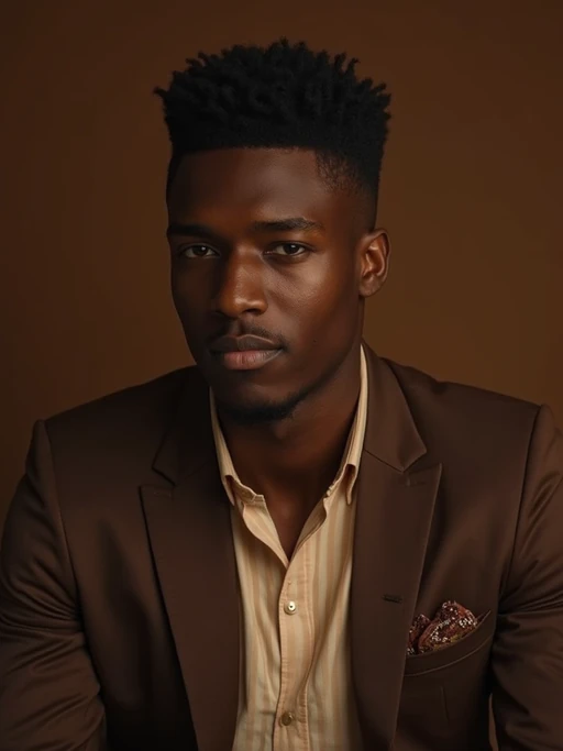 model wearing if(gender=f){mocha brown knit set with gold jewelry} if(gender=m){chocolate brown blazer over beige shirt}, cozy luxury aesthetic, rich brown textures, warm studio lighting