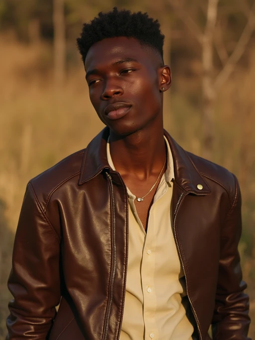 model in if(gender=f){flowing caramel midi dress with brown leather accessories} if(gender=m){brown leather jacket over cream shirt}, autumn-inspired palette, elegant earth tones, golden hour lighting