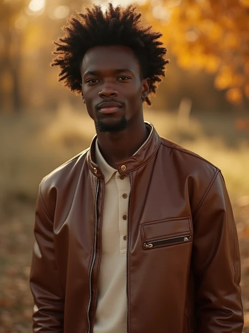 model in if(gender=f){flowing caramel midi dress with brown leather accessories} if(gender=m){brown leather jacket over cream shirt}, autumn-inspired palette, elegant earth tones, golden hour lighting