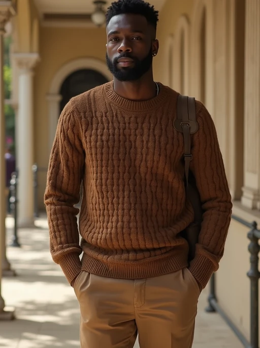 model wearing if(gender=f){chocolate brown silk blouse and caramel trousers} if(gender=m){mocha brown sweater and tan chinos}, luxurious textures, rich earth tones, sophisticated styling, warm natural lighting