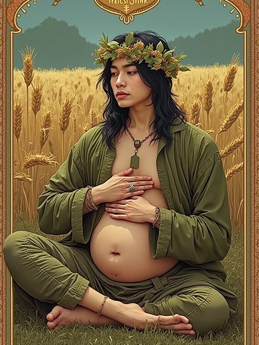 Tarot Card of The Empress featuring model wearing if(gender=f){flowing green gown with floral crown and pearl necklace} if(gender=m){nature-inspired robes with leaf crown and earth-toned jewelry}, seated in lush garden setting, wheat field background, Venus symbol on shield, pregnant or nurturing pose, abundant natural beauty
