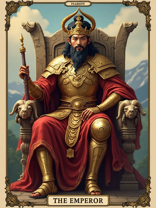 Tarot Card of The Emperor featuring model wearing if(gender=f){regal armor-inspired dress with golden crown and royal scepter} if(gender=m){ornate armor with golden crown and royal scepter}, seated on stone throne with ram head carvings, red robes, mountain landscape background, authoritative powerful expression, symbols of leadership