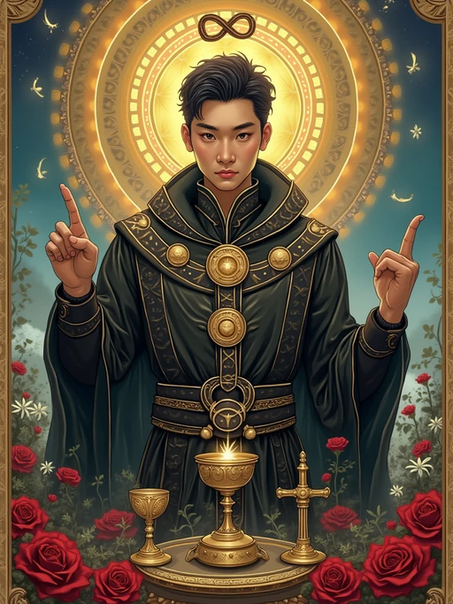 Tarot Card of The Magician featuring model wearing if(gender=f){mystical robes with celestial symbols and crystal jewelry} if(gender=m){dark ceremonial robes with mystical symbols and amulets}, one hand pointing to sky and one to earth, altar table with wand, cup, sword, and pentacle, infinity symbol above head, red roses and white lilies background, powerful expression