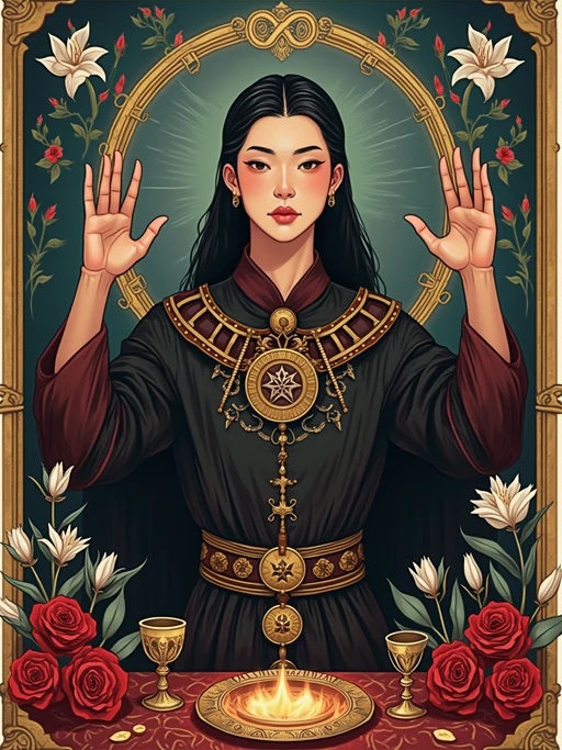 Tarot Card of The Magician featuring model wearing if(gender=f){mystical robes with celestial symbols and crystal jewelry} if(gender=m){dark ceremonial robes with mystical symbols and amulets}, one hand pointing to sky and one to earth, altar table with wand, cup, sword, and pentacle, infinity symbol above head, red roses and white lilies background, powerful expression