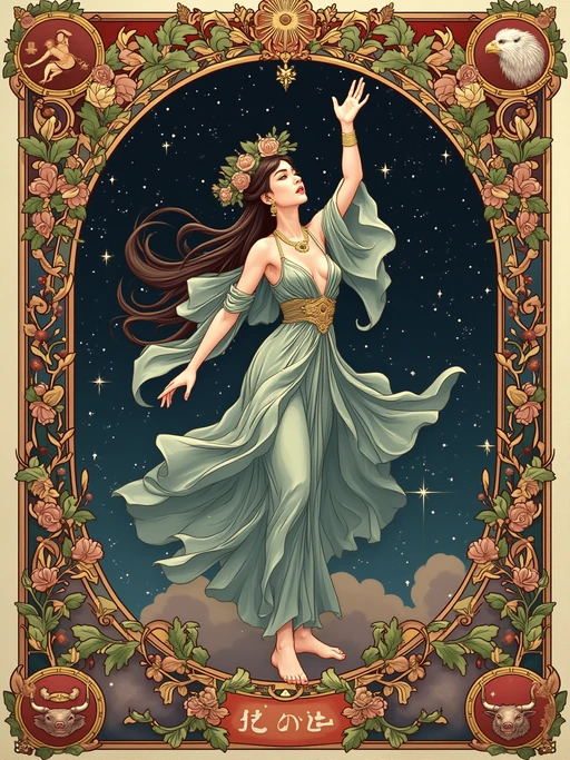 Tarot Card of The World featuring model wearing if(gender=f){flowing cosmic dress with laurel wreath crown} if(gender=m){celestial robes with laurel wreath crown}, dancing pose within oval wreath of flowers, four corners showing angel, eagle, lion, and bull symbols, cosmic background with stars, expression of completion and fulfillment