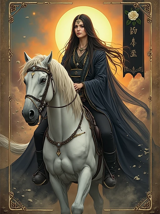 Tarot Card of Death featuring model wearing if(gender=f){dark flowing robes with mystical hood and silver jewelry} if(gender=m){dark ceremonial robes with mystical hood and silver amulets}, riding white horse, black banner with white rose, sunrise in background, transformation and renewal symbolism, mysterious but peaceful expression