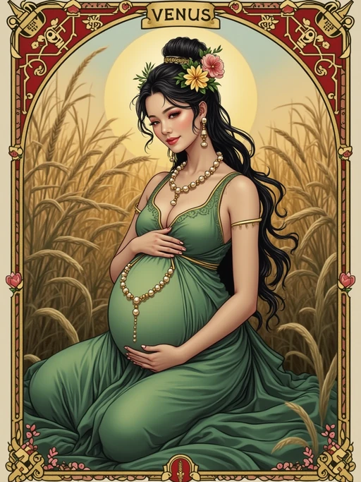 Tarot Card of The Empress featuring model wearing if(gender=f){flowing green gown with floral crown and pearl necklace} if(gender=m){nature-inspired robes with leaf crown and earth-toned jewelry}, seated in lush garden setting, wheat field background, Venus symbol on shield, pregnant or nurturing pose, abundant natural beauty