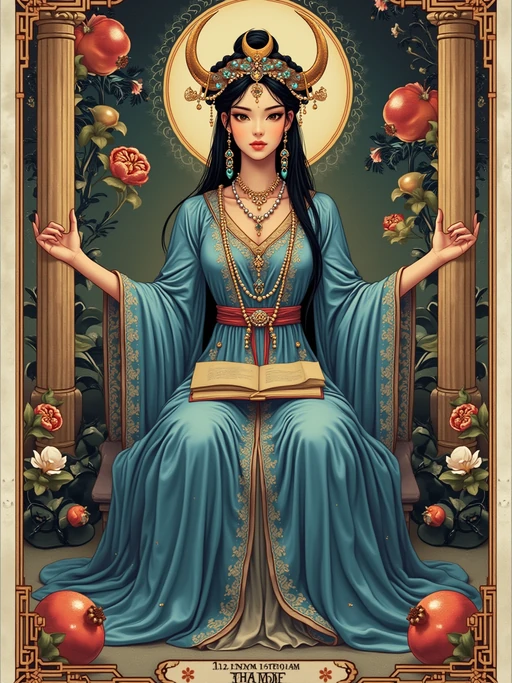 Tarot Card of The High Priestess featuring model wearing if(gender=f){flowing blue robes with crescent moon crown and pearl jewelry} if(gender=m){flowing indigo robes with lunar crown and mystical pendant}, seated between two pillars, scroll of ancient wisdom in lap, pomegranate tapestry behind, crescent moon at feet, serene mystical expression