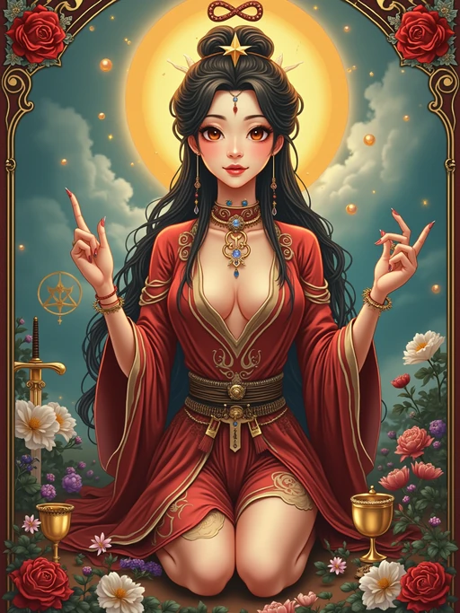 Tarot Card of The Magician featuring model wearing if(gender=f){mystical robes with celestial symbols and crystal jewelry} if(gender=m){dark ceremonial robes with mystical symbols and amulets}, one hand pointing to sky and one to earth, altar table with wand, cup, sword, and pentacle, infinity symbol above head, red roses and white lilies background, powerful expression