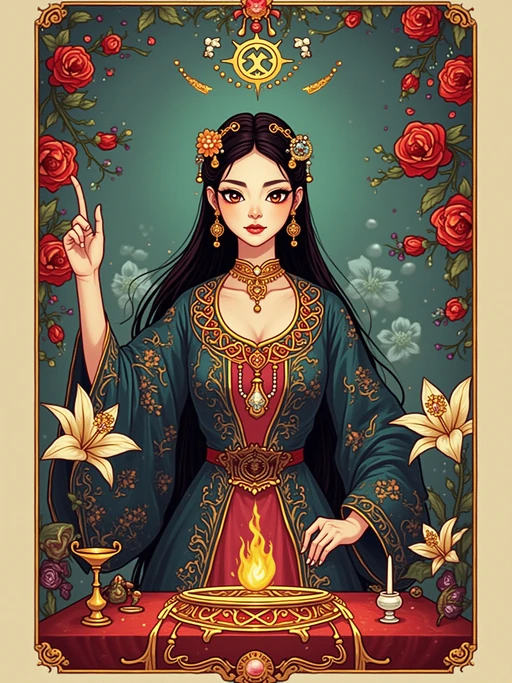 Tarot Card of The Magician featuring model wearing if(gender=f){mystical robes with celestial symbols and crystal jewelry} if(gender=m){dark ceremonial robes with mystical symbols and amulets}, one hand pointing to sky and one to earth, altar table with wand, cup, sword, and pentacle, infinity symbol above head, red roses and white lilies background, powerful expression