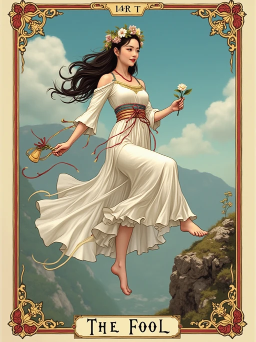 Tarot Card of The Fool featuring model wearing if(gender=f){flowing white dress with flower crown and colorful ribbons} if(gender=m){medieval tunic with feathered cap and colorful sash}, stepping forward with one foot off a cliff edge, carrying a small bag, white rose in hand, bright mountain landscape background, carefree expression, tarot card illustration style
