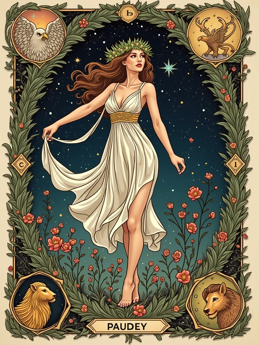 Tarot Card of The World featuring model wearing if(gender=f){flowing cosmic dress with laurel wreath crown} if(gender=m){celestial robes with laurel wreath crown}, dancing pose within oval wreath of flowers, four corners showing angel, eagle, lion, and bull symbols, cosmic background with stars, expression of completion and fulfillment