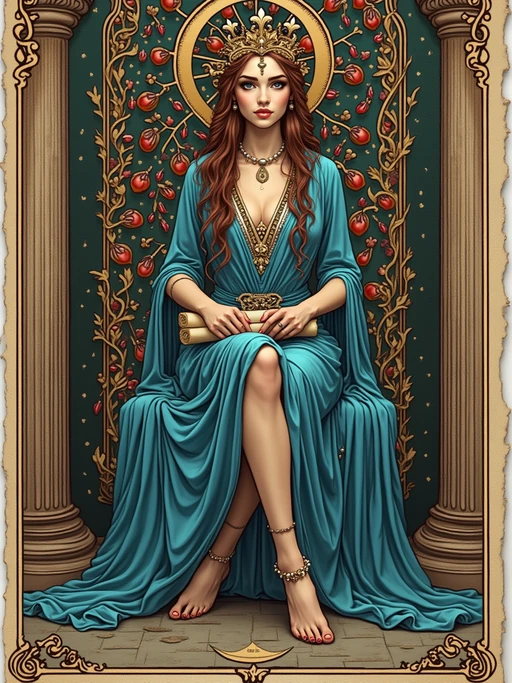 Tarot Card of The High Priestess featuring model wearing if(gender=f){flowing blue robes with crescent moon crown and pearl jewelry} if(gender=m){flowing indigo robes with lunar crown and mystical pendant}, seated between two pillars, scroll of ancient wisdom in lap, pomegranate tapestry behind, crescent moon at feet, serene mystical expression