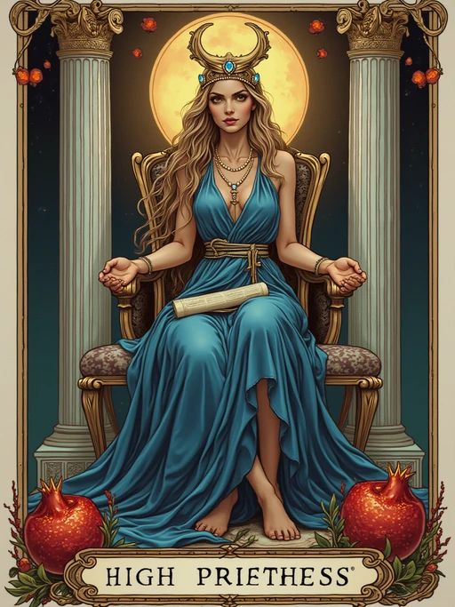 Tarot Card of The High Priestess featuring model wearing if(gender=f){flowing blue robes with crescent moon crown and pearl jewelry} if(gender=m){flowing indigo robes with lunar crown and mystical pendant}, seated between two pillars, scroll of ancient wisdom in lap, pomegranate tapestry behind, crescent moon at feet, serene mystical expression