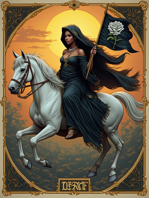 Tarot Card of Death featuring model wearing if(gender=f){dark flowing robes with mystical hood and silver jewelry} if(gender=m){dark ceremonial robes with mystical hood and silver amulets}, riding white horse, black banner with white rose, sunrise in background, transformation and renewal symbolism, mysterious but peaceful expression