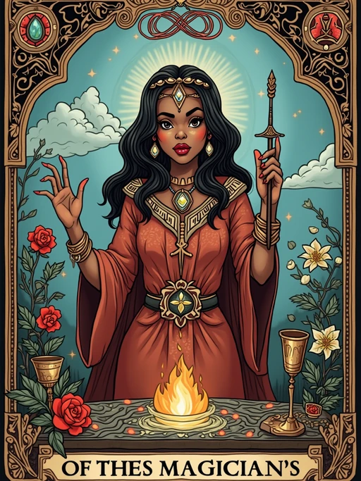Tarot Card of The Magician featuring model wearing if(gender=f){mystical robes with celestial symbols and crystal jewelry} if(gender=m){dark ceremonial robes with mystical symbols and amulets}, one hand pointing to sky and one to earth, altar table with wand, cup, sword, and pentacle, infinity symbol above head, red roses and white lilies background, powerful expression