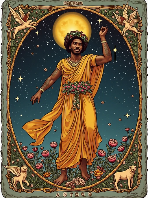 Tarot Card of The World featuring model wearing if(gender=f){flowing cosmic dress with laurel wreath crown} if(gender=m){celestial robes with laurel wreath crown}, dancing pose within oval wreath of flowers, four corners showing angel, eagle, lion, and bull symbols, cosmic background with stars, expression of completion and fulfillment