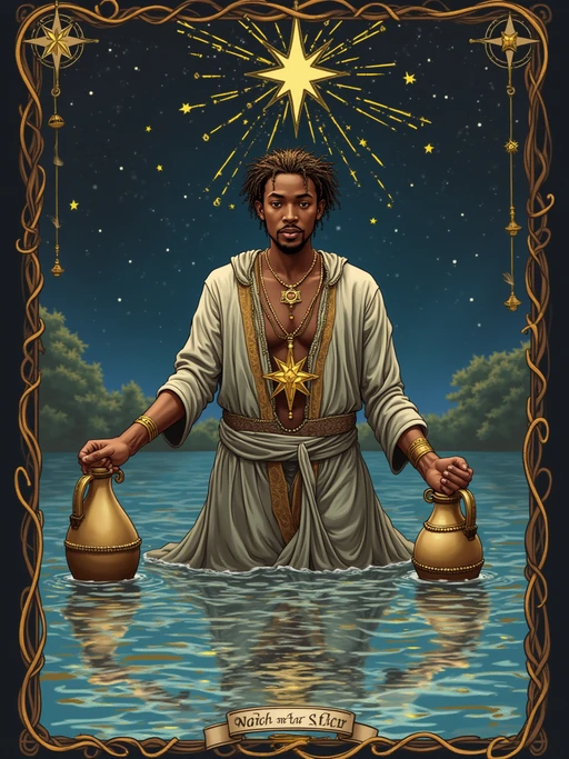 Tarot Card of The Star featuring model wearing if(gender=f){flowing ethereal gown with star jewelry and celestial crown} if(gender=m){celestial robes with star amulets and cosmic headpiece}, kneeling by water, pouring water from two jugs, seven stars in night sky above, one large star prominent, hopeful serene expression, mystical landscape