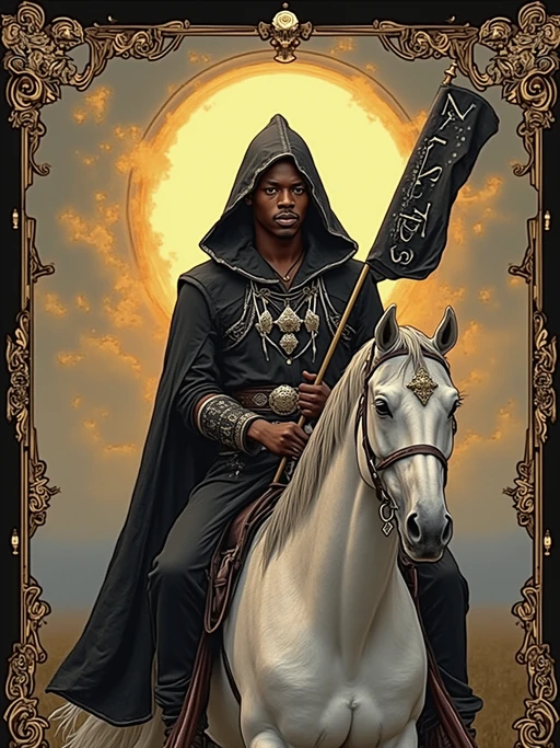 Tarot Card of Death featuring model wearing if(gender=f){dark flowing robes with mystical hood and silver jewelry} if(gender=m){dark ceremonial robes with mystical hood and silver amulets}, riding white horse, black banner with white rose, sunrise in background, transformation and renewal symbolism, mysterious but peaceful expression