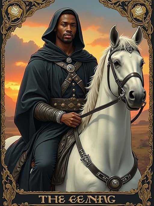 Tarot Card of Death featuring model wearing if(gender=f){dark flowing robes with mystical hood and silver jewelry} if(gender=m){dark ceremonial robes with mystical hood and silver amulets}, riding white horse, black banner with white rose, sunrise in background, transformation and renewal symbolism, mysterious but peaceful expression