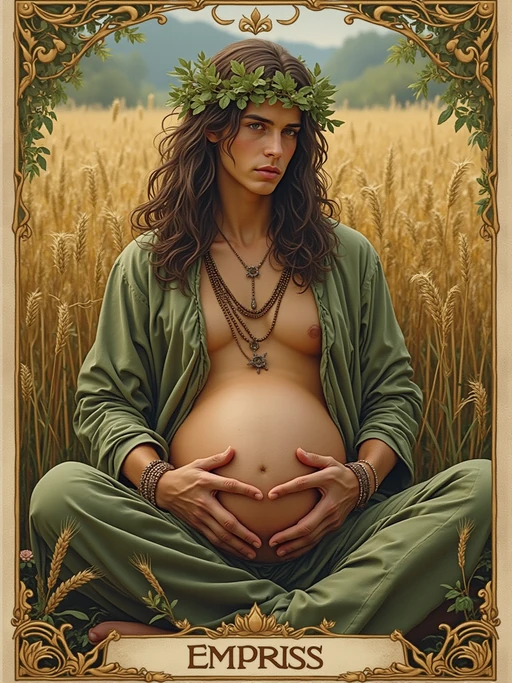 Tarot Card of The Empress featuring model wearing if(gender=f){flowing green gown with floral crown and pearl necklace} if(gender=m){nature-inspired robes with leaf crown and earth-toned jewelry}, seated in lush garden setting, wheat field background, Venus symbol on shield, pregnant or nurturing pose, abundant natural beauty