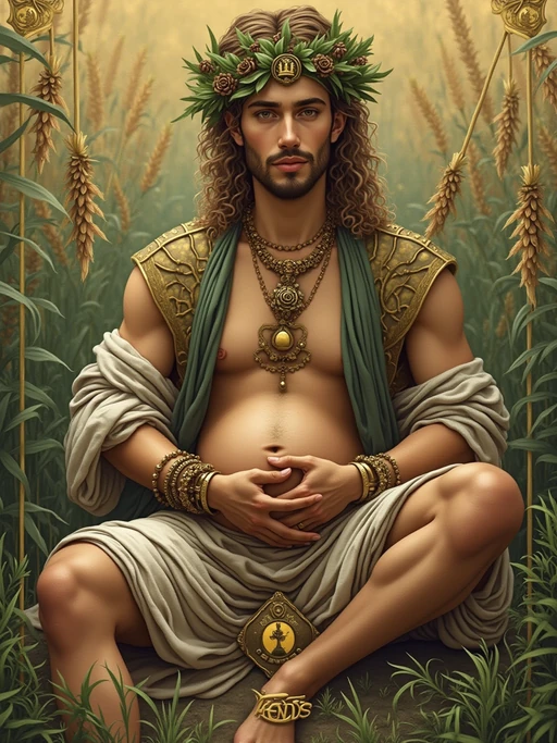 Tarot Card of The Empress featuring model wearing if(gender=f){flowing green gown with floral crown and pearl necklace} if(gender=m){nature-inspired robes with leaf crown and earth-toned jewelry}, seated in lush garden setting, wheat field background, Venus symbol on shield, pregnant or nurturing pose, abundant natural beauty