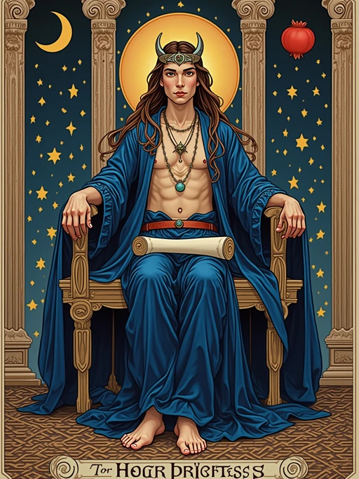 Tarot Card of The High Priestess featuring model wearing if(gender=f){flowing blue robes with crescent moon crown and pearl jewelry} if(gender=m){flowing indigo robes with lunar crown and mystical pendant}, seated between two pillars, scroll of ancient wisdom in lap, pomegranate tapestry behind, crescent moon at feet, serene mystical expression
