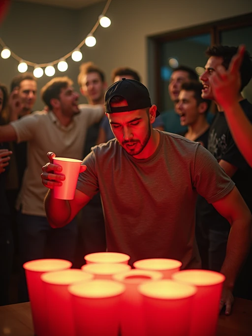 camera flash overexposed, model playing beer pong in a crowded living room. if(gender=f){Wearing a tight tank top, mid-throw, focused and sexy, playful competition} if(gender=m){Wearing backwards cap, cheering}. Flash-lit, party game, fun chaos.