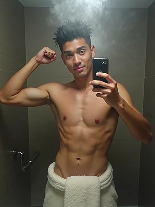 camera flash overexposed, model taking a selfie in a foggy bathroom after a shower. if(gender=f){Wearing towel, playful wink, towel wrapped low, sexy and flirty} if(gender=m){Wearing towel around waist, flexing}. Flash reflection, steamy mirror, candid moment.