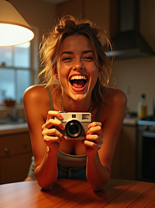 camera flash overexposed, model holding a disposable camera, mid-laugh at a kitchen table. if(gender=f){Wearing a tight tank top, messy hair, leaning forward, sexy and candid} if(gender=m){Wearing flannel, backwards cap}. Flash-lit, candid, party aftermath.