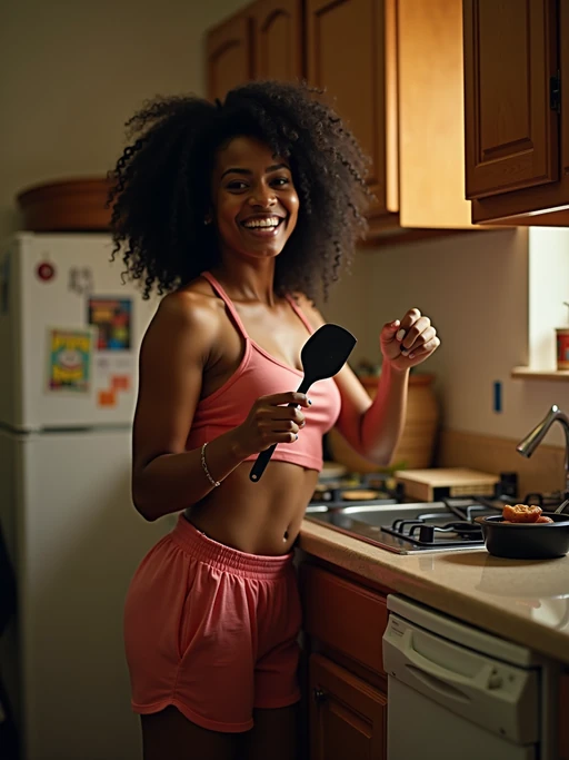 camera flash overexposed, model in a kitchen with friends making midnight snacks. if(gender=f){Wearing short pajama shorts, holding a spatula, playful and sexy, leaning on counter} if(gender=m){Wearing tank top, eating cereal}. Flash-lit, cluttered, fun chaos.